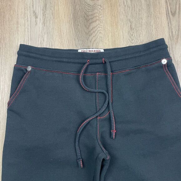 True Religion Pants Mens Large Black Jogg Sweatpants Contrast Stitching Logo - Picture 2 of 9